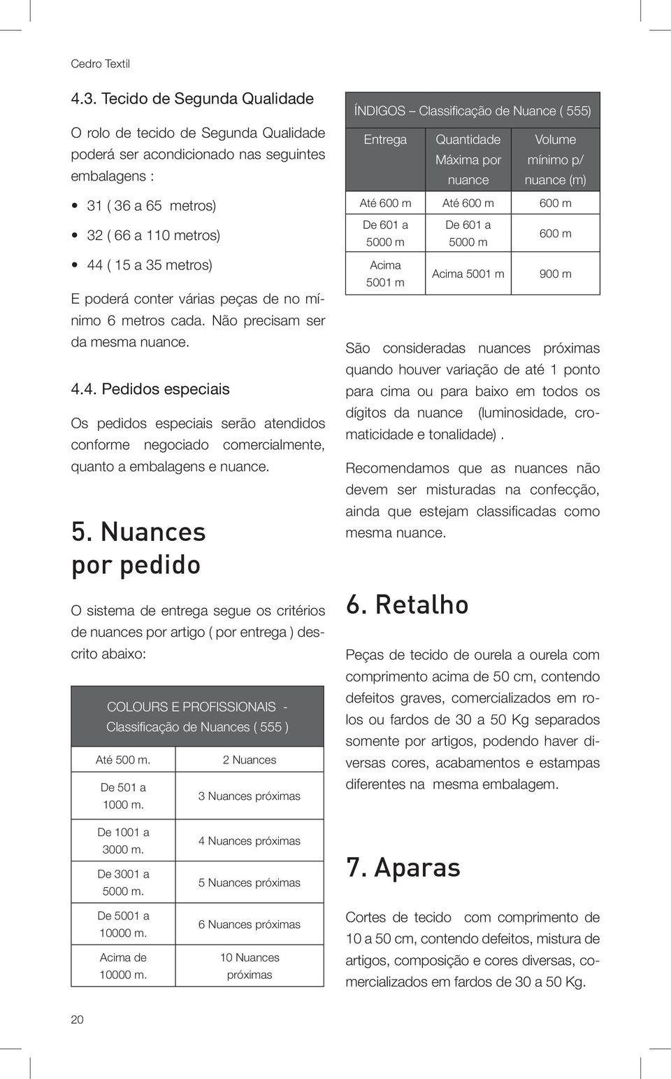 várias peças de no mínimo 6 metros cada. Não precisam ser da mesma nuance. 4.4. Pedidos especiais Os pedidos especiais serão atendidos conforme negociado comercialmente, quanto a embalagens e nuance.