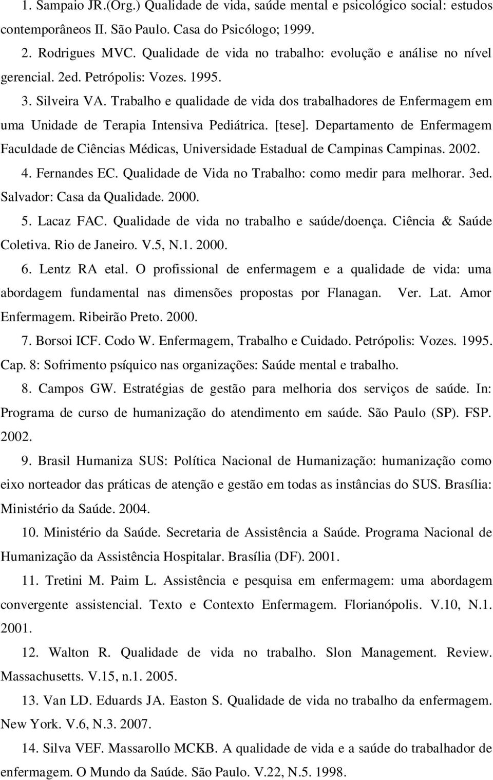 Trabalho e qualidade de vida dos trabalhadores de Enfermagem em uma Unidade de Terapia Intensiva Pediátrica. [tese].