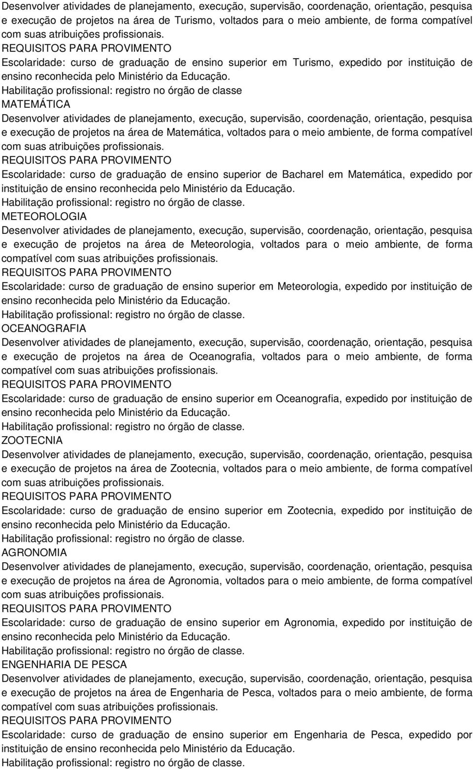 Habilitação profissional: registro no órgão de classe MATEMÁTICA Desenvolver atividades de planejamento, execução, supervisão, coordenação, orientação, pesquisa e execução de projetos na área de