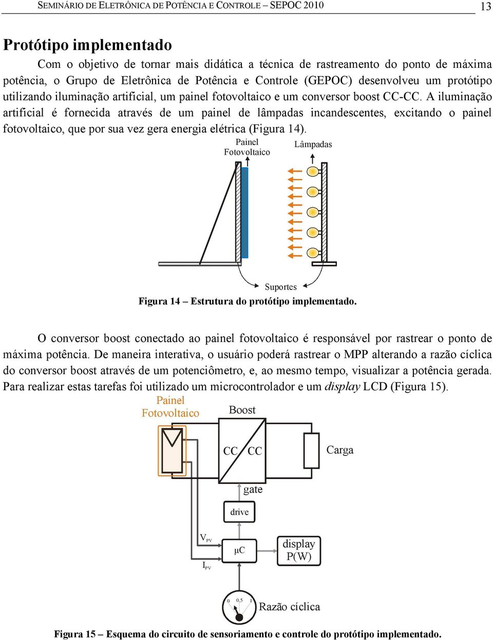 A iluminação artificial é fornecida através de um painel de lâmpadas incandescentes, excitando o painel fotovoltaico, que por sua vez gera energia elétrica (Figura 14).