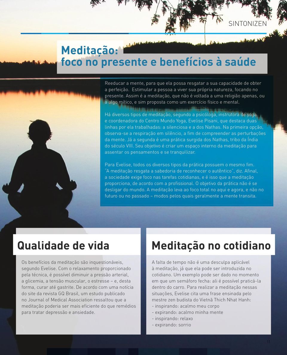 Há diversos tipos de meditação, segundo a psicóloga, instrutora de yoga e coordenadora do Centro Mundo Yoga, Evelise Pisani, que destaca duas linhas por ela trabalhadas: a silenciosa e a dos Nathas.