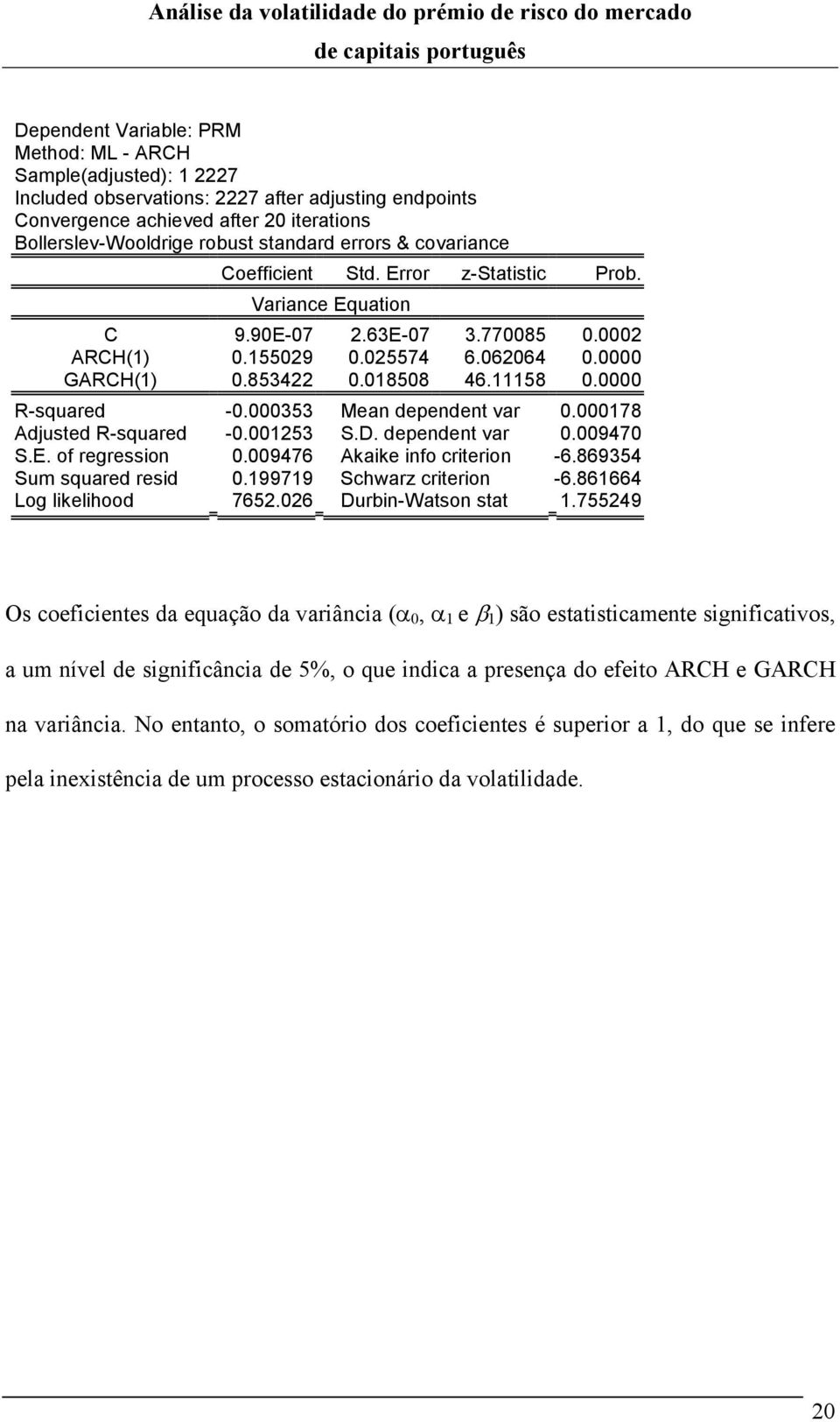 000353 Mean dependen var 0.000178 Adjused R-squared -0.00153 S.D. dependen var 0.009470 S.E. of regression 0.009476 Akaike info crierion -6.869354 Sum squared resid 0.199719 Schwarz crierion -6.