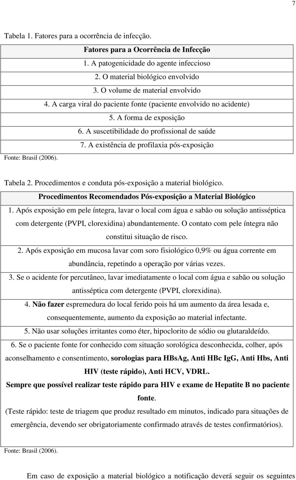 Tabela 2. Procedimentos e conduta pós-exposição a material biológico. Procedimentos Recomendados Pós-exposição a Material Biológico 1.