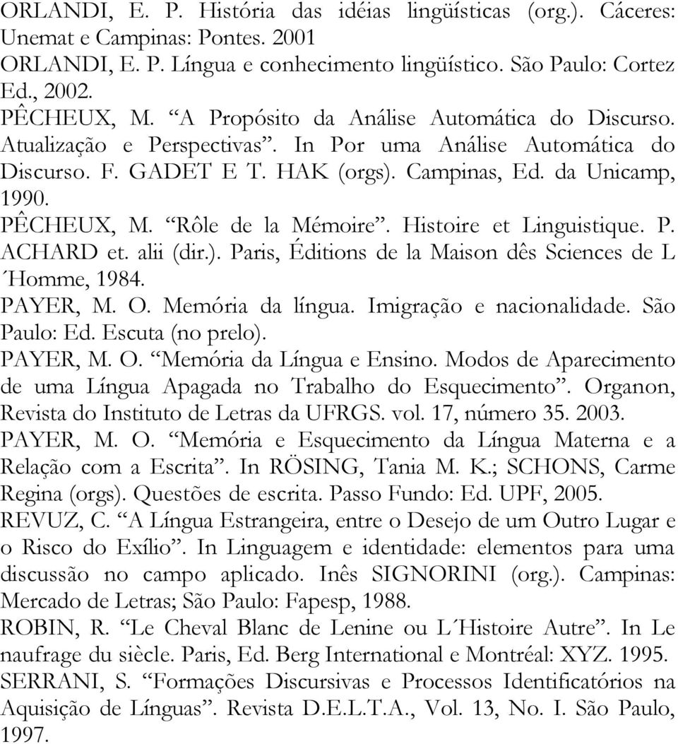 Rôle de la Mémoire. Histoire et Linguistique. P. ACHARD et. alii (dir.). Paris, Éditions de la Maison dês Sciences de L Homme, 1984. PAYER, M. O. Memória da língua. Imigração e nacionalidade.