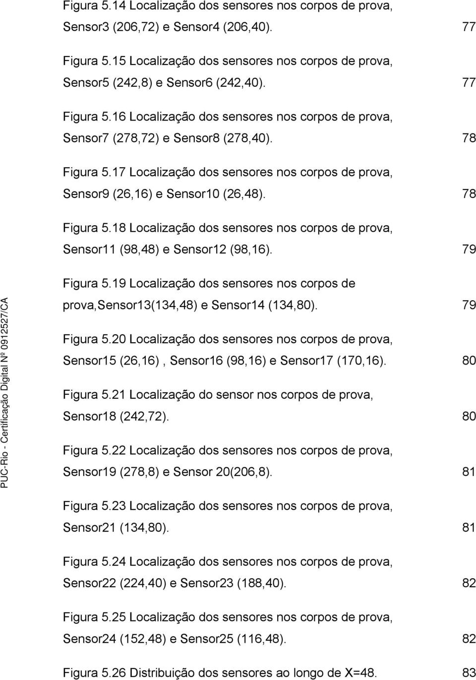 78 Figura 5.18 Localização dos sensores nos corpos de prova, Sensor11 (98,48) e Sensor12 (98,16). 79 Figura 5.19 Localização dos sensores nos corpos de prova,sensor13(134,48) e Sensor14 (134,80).