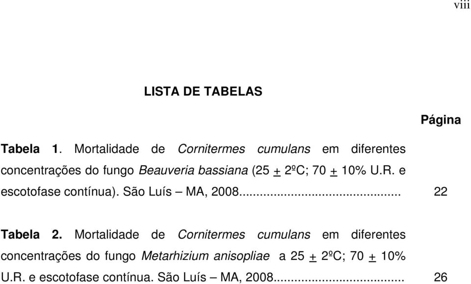 + 2ºC; 70 + 10% U.R. e escotofase contínua). São Luís MA, 2008... 22 Tabela 2.