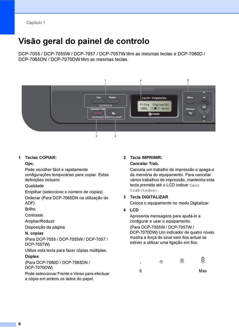 Estas definições incluem: Qualidade Empilhar (seleccione o número de cópias) Ordenar (Para DCP-7065DN na utilização do ADF) Brilho Contraste Ampliar/Reduzir Disposição da página N.