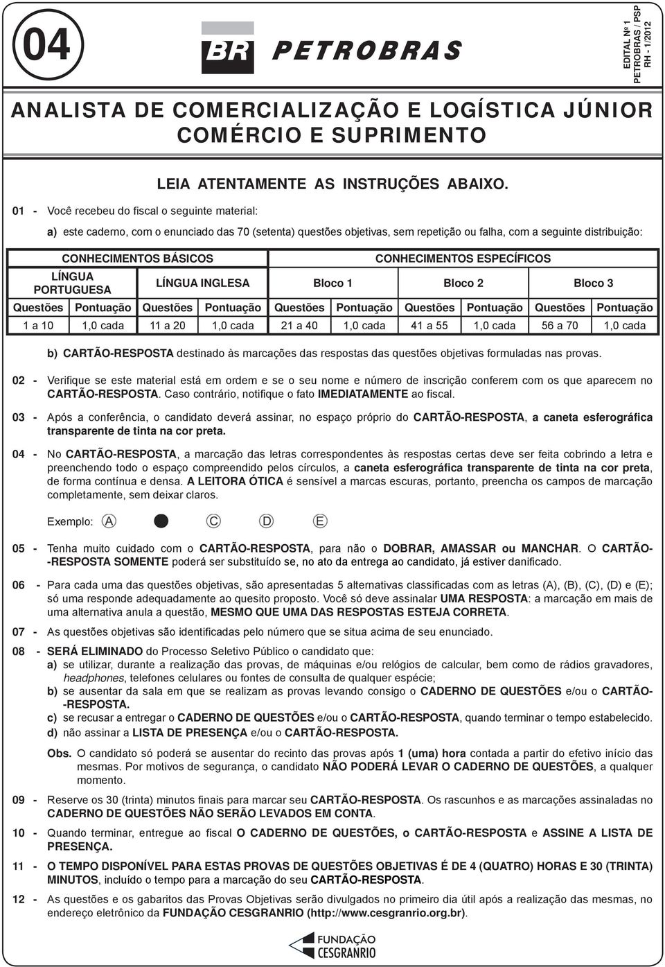 INGLESA Bloco 1 Bloco 2 Bloco 3 Questões Pontuação Questões Pontuação Questões Pontuação Questões Pontuação Questões Pontuação 1 a 10 1,0 cada 11 a 20 1,0 cada 21 a 40 1,0 cada 41 a 55 1,0 cada 56 a