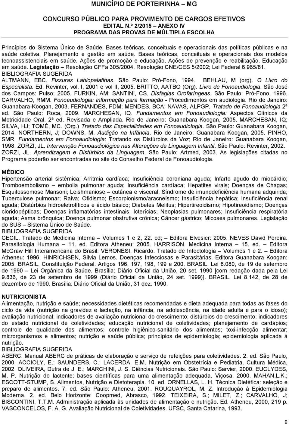 Legislação Resolução CFFa 305/2004. Resolução CNE/CES 5/2002; Lei Federal 6.965/81. ALTMANN, EBC. Fissuras Labiopalatinas. São Paulo: Pró-Fono, 1994. BEHLAU, M (org). O Livro do Especialista. Ed.