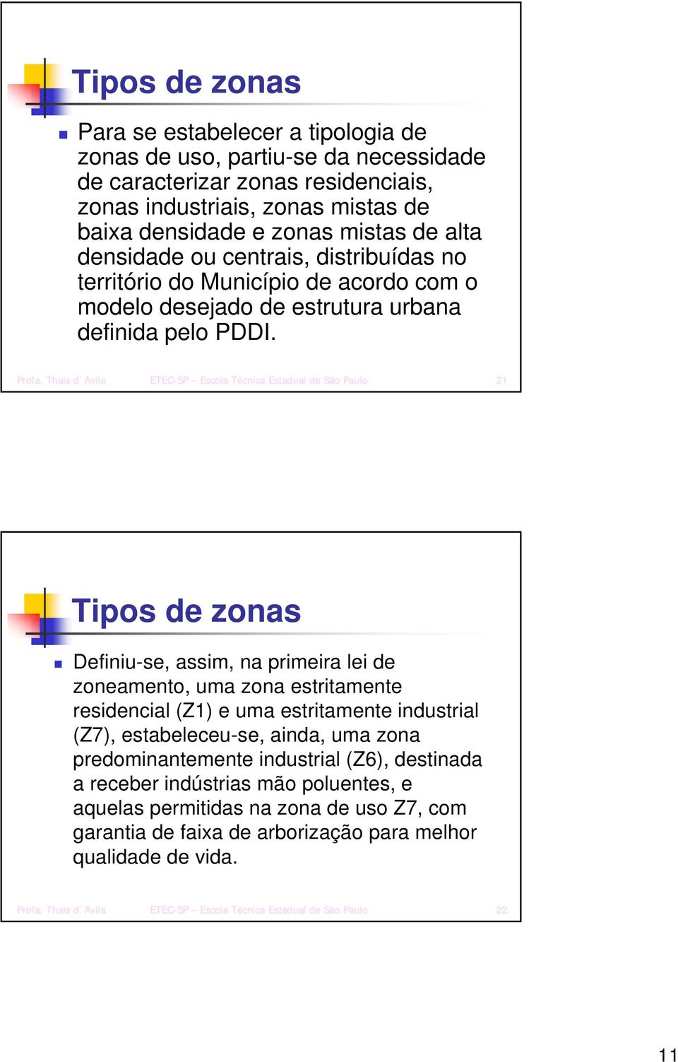 Thais d Avila ETEC-SP Escola Técnica Estadual de São Paulo 21 Tipos de zonas Definiu-se, assim, na primeira lei de zoneamento, uma zona estritamente residencial (Z1) e uma estritamente industrial