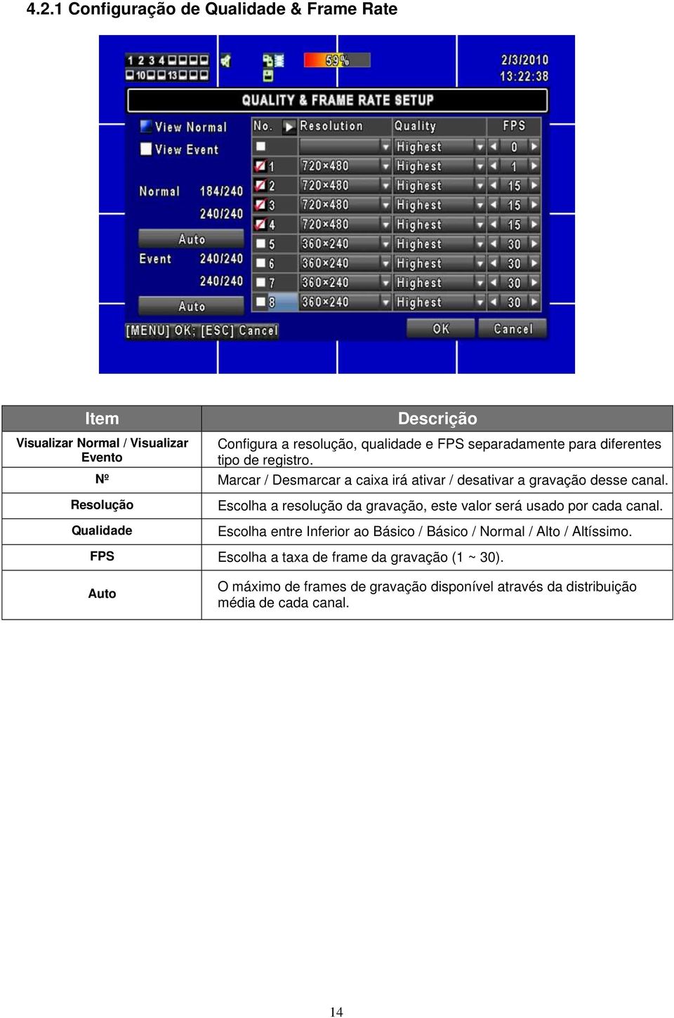 Resolução Qualidade Escolha a resolução da gravação, este valor será usado por cada canal.