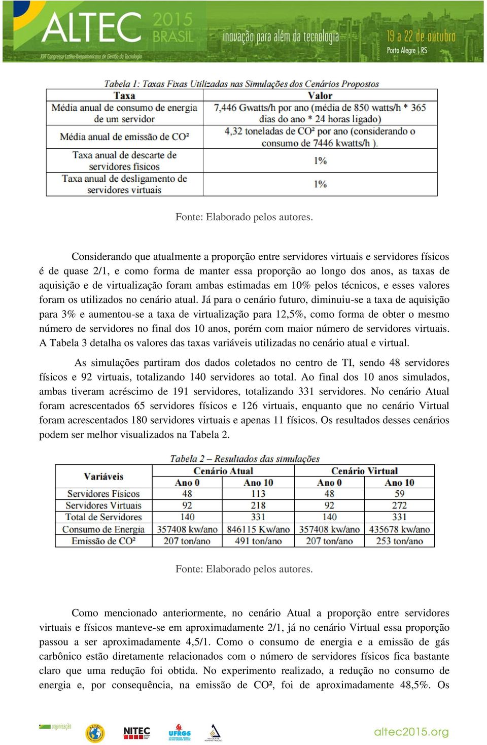 virtualização foram ambas estimadas em 10% pelos técnicos, e esses valores foram os utilizados no cenário atual.