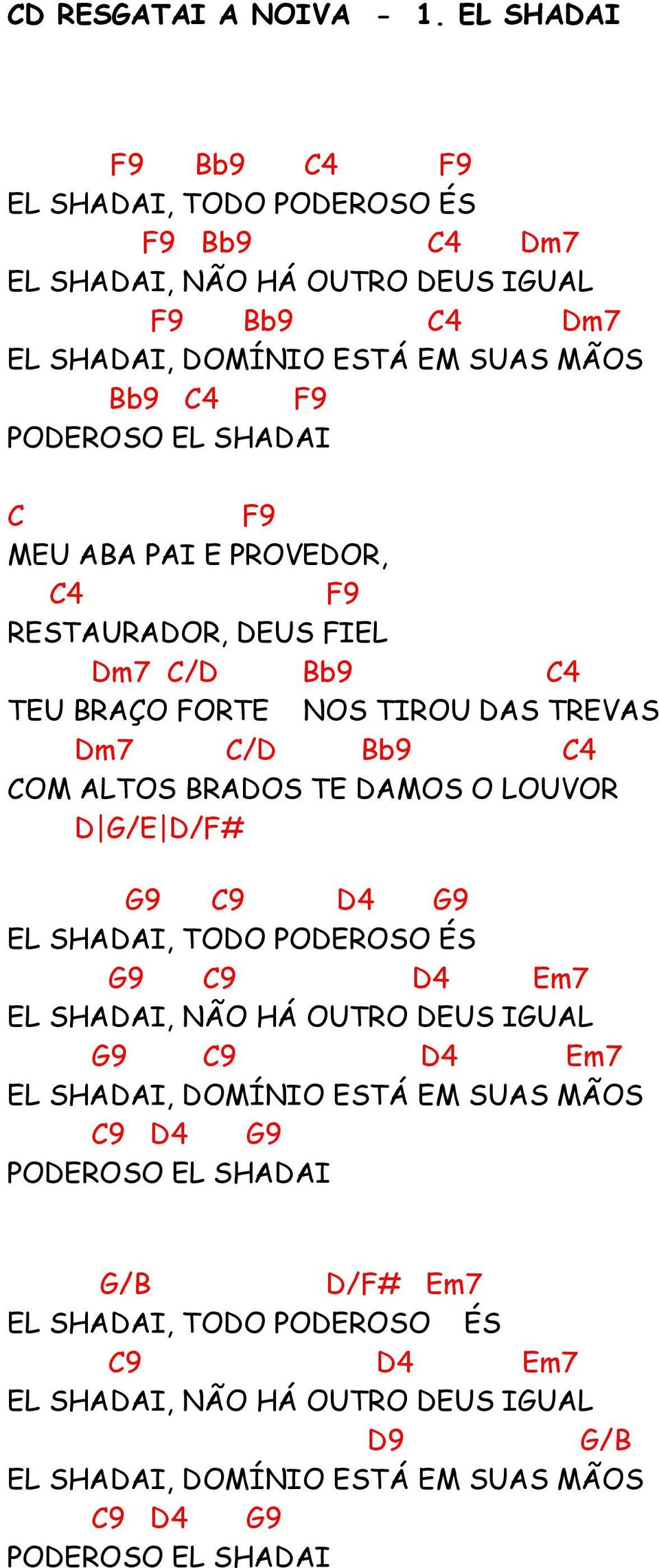 POROSO L SHAAI C F9 MU ABA PAI PROVOR, C4 F9 RSTAURAOR, US FIL m7 C/ Bb9 C4 TU BRAÇO FORT NOS TIROU AS TRVAS m7 C/ Bb9 C4 COM ALTOS BRAOS T AMOS O