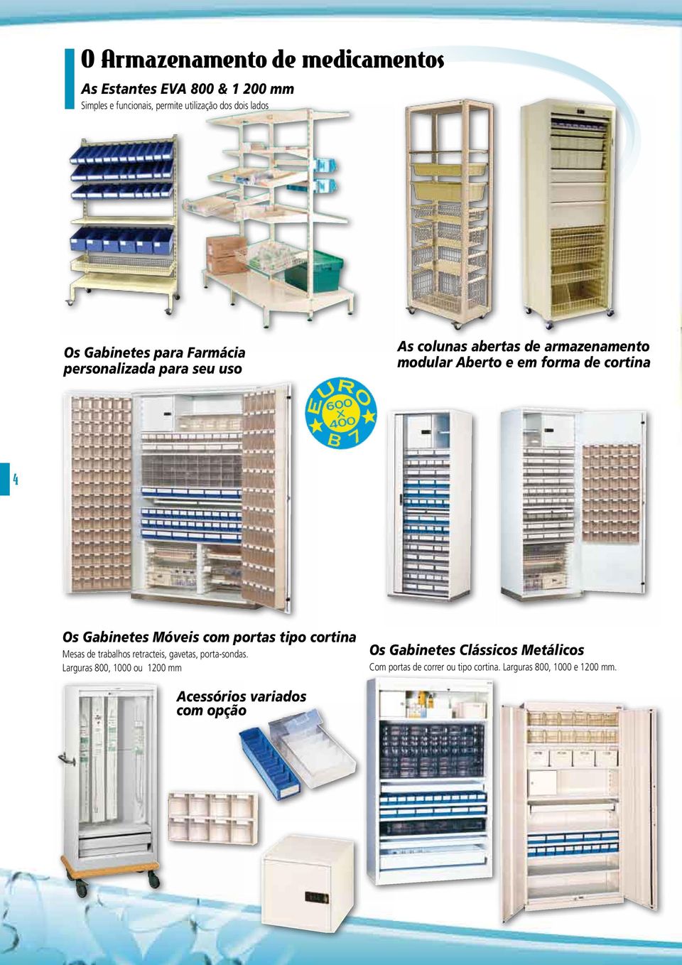 Os Gabinetes Móveis com portas tipo cortina Mesas de trabalhos retracteis, gavetas, porta-sondas.