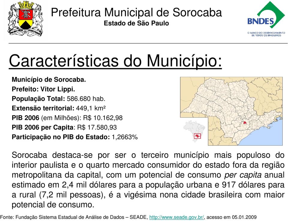 580,93 Participação no PIB do Estado: 1,2663% Sorocaba destaca-se por ser o terceiro município mais populoso do interior paulista e o quarto mercado consumidor do estado fora da