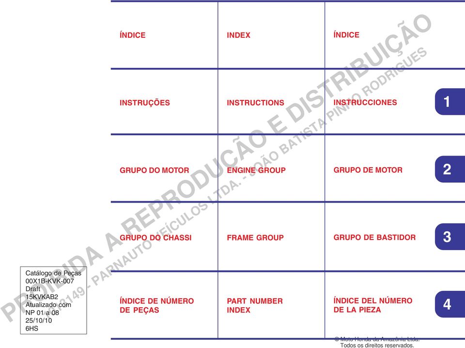 PEÇAS INDEX INSTRUCTIONS ENGINE GROUP FRAME GROUP PART NUMBER INDEX ÍNDICE