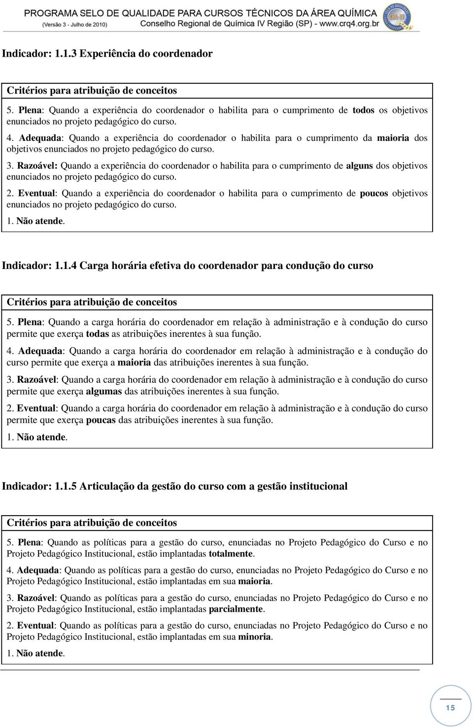 Razoável: Quando a experiência do coordenador o habilita para o cumprimento de alguns dos objetivos enunciados no projeto pedagógico do curso. 2.