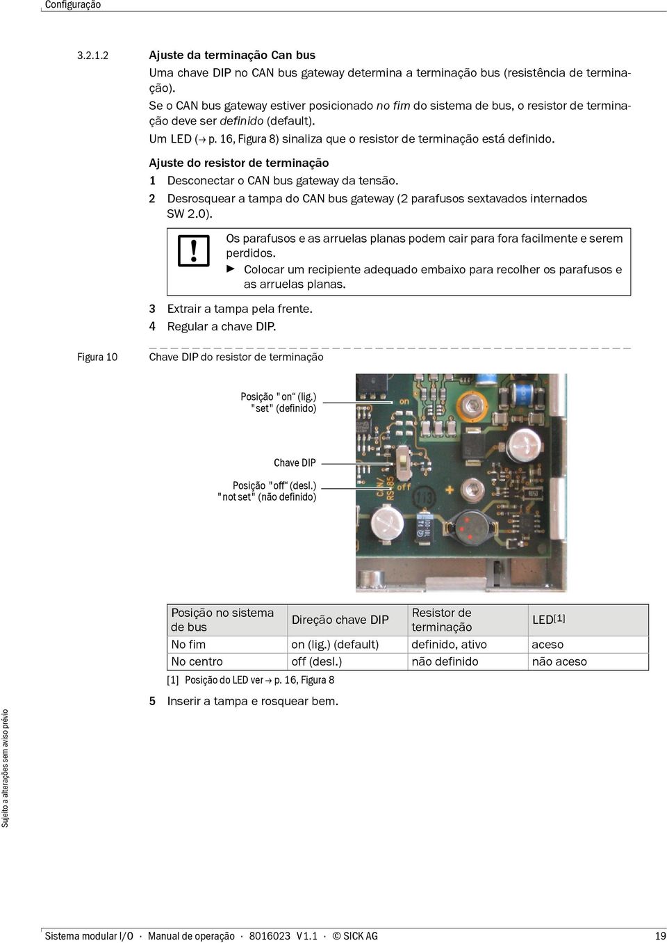 Ajuste do resistor de terminação 1 Desconectar o CAN bus gateway da tensão. 2 Desrosquear a tampa do CAN bus gateway (2 parafusos sextavados internados SW 2.0).