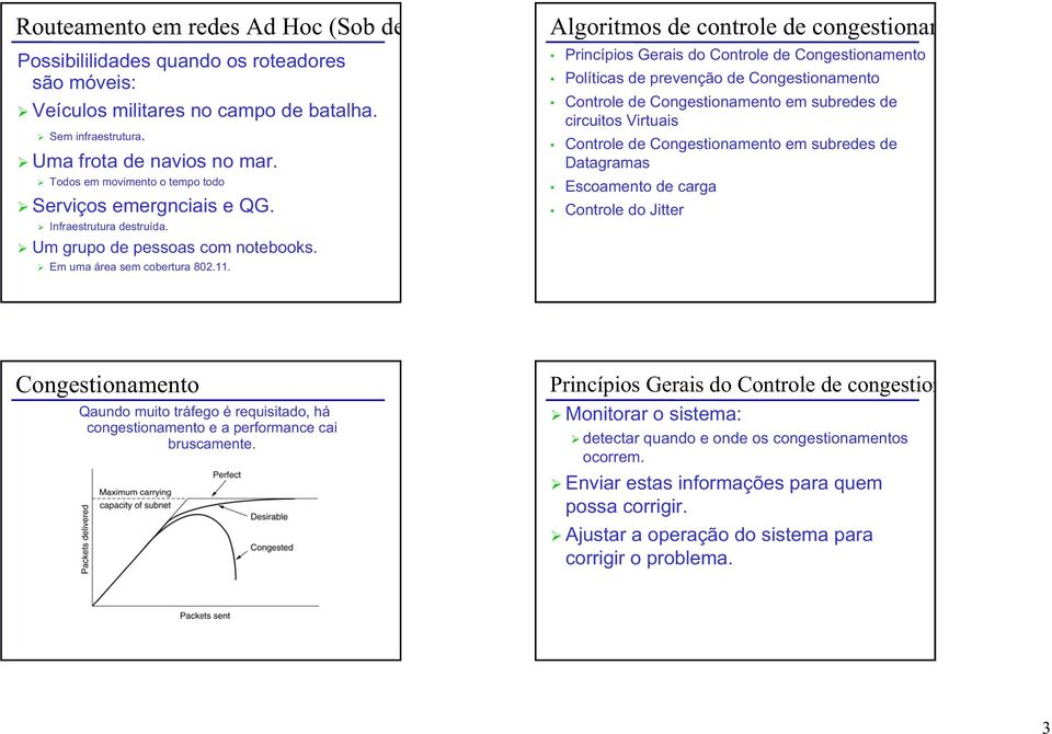 Algoritmos de controle de congestionam Princípios Gerais do Controle de Congestionamento Políticas de prevenção de Congestionamento Controle de Congestionamento em subredes de circuitos Virtuais