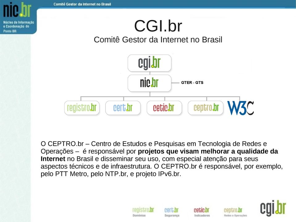 que visam melhorar a qualidade da Internet no Brasil e disseminar seu uso, com especial