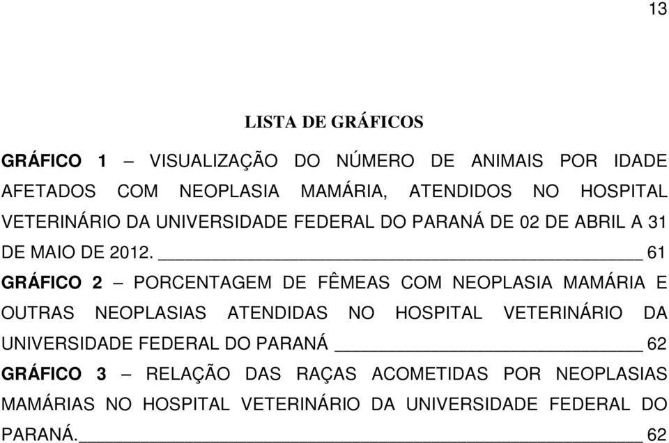 61 GRÁFICO 2 PORCENTAGEM DE FÊMEAS COM NEOPLASIA MAMÁRIA E OUTRAS NEOPLASIAS ATENDIDAS NO HOSPITAL VETERINÁRIO DA