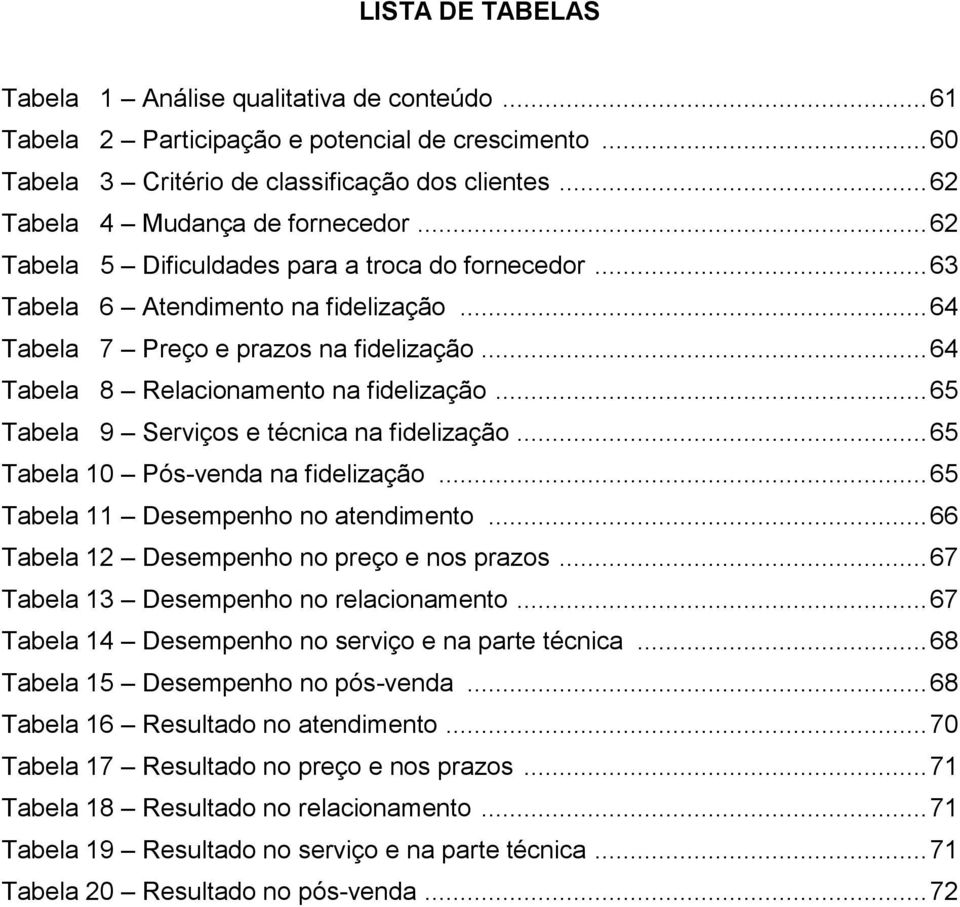 .. 64 Tabela 8 Relacionamento na fidelização... 65 Tabela 9 Serviços e técnica na fidelização... 65 Tabela 10 Pós-venda na fidelização... 65 Tabela 11 Desempenho no atendimento.