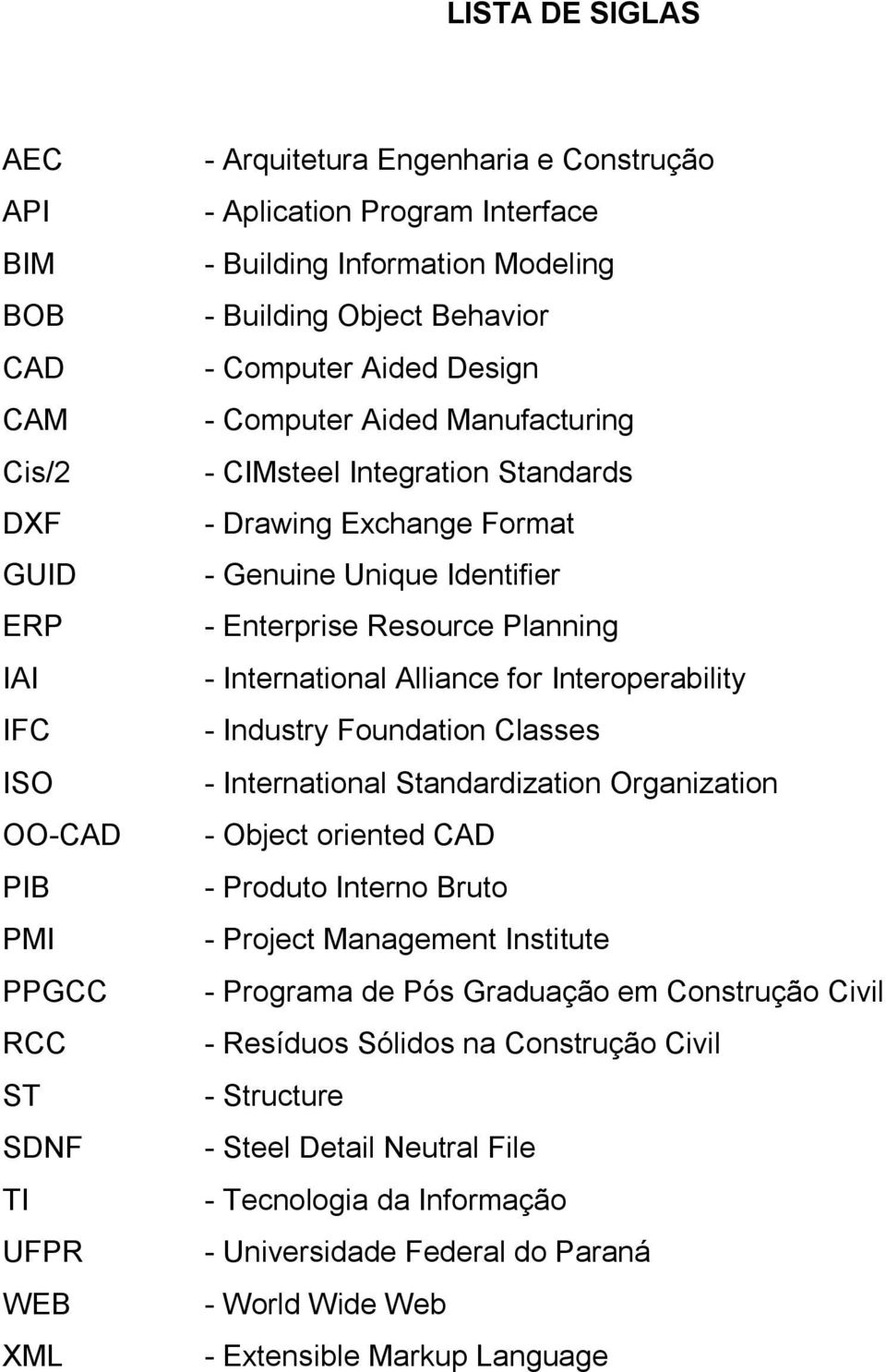 Enterprise Resource Planning - International Alliance for Interoperability - Industry Foundation Classes - International Standardization Organization - Object oriented CAD - Produto Interno Bruto -