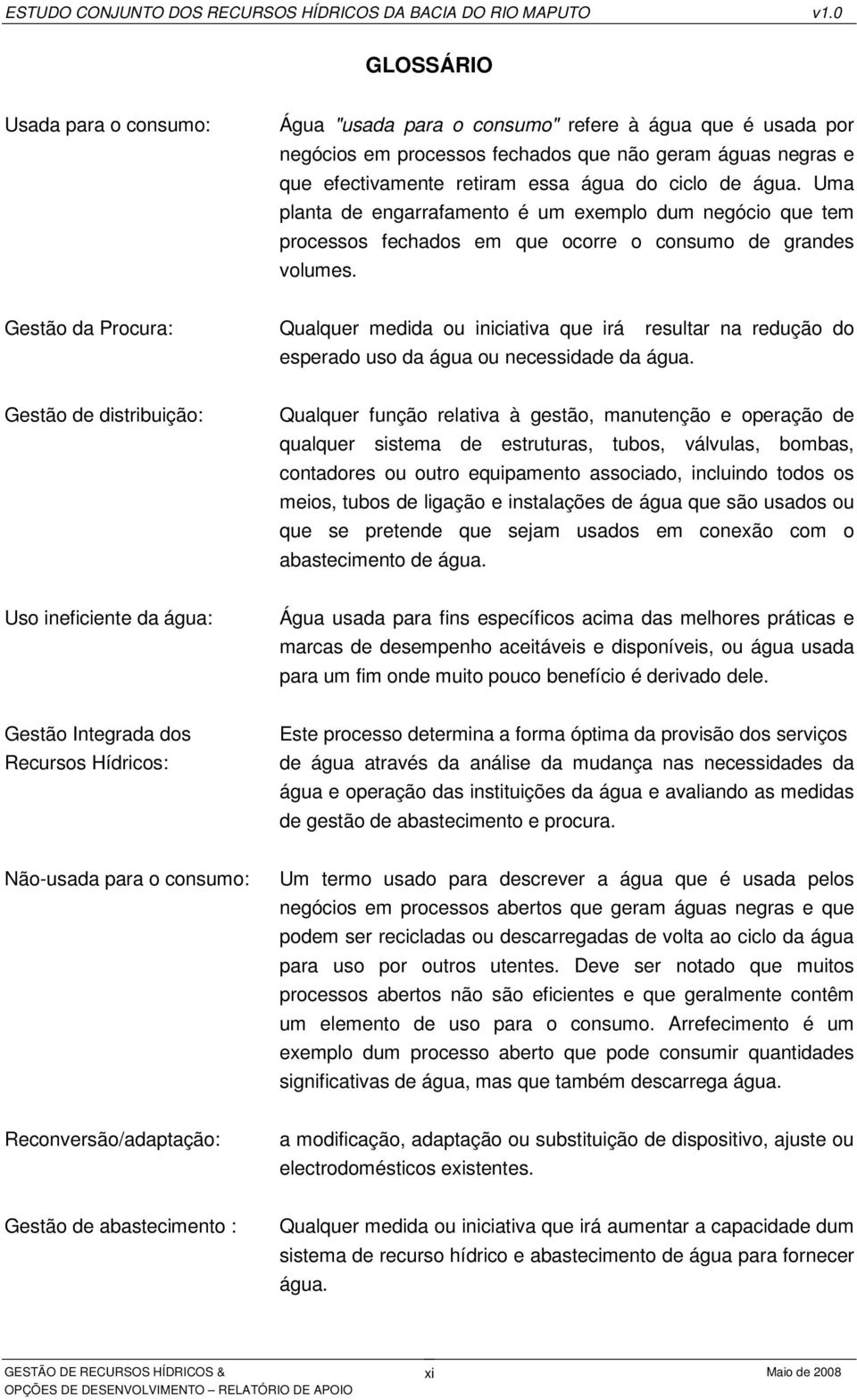 Gestão da Procura: Qualquer medida ou iniciativa que irá resultar na redução do esperado uso da água ou necessidade da água.