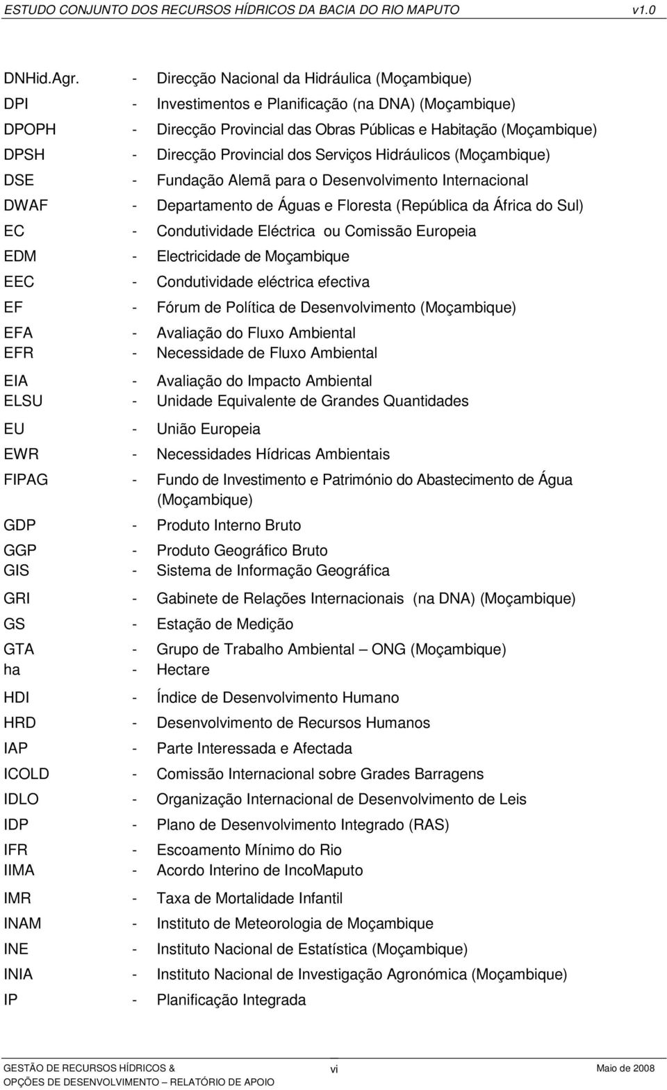 Provincial dos Serviços Hidráulicos (Moçambique) DSE - Fundação Alemã para o Desenvolvimento Internacional DWAF - Departamento de Águas e Floresta (República da África do Sul) EC - Condutividade