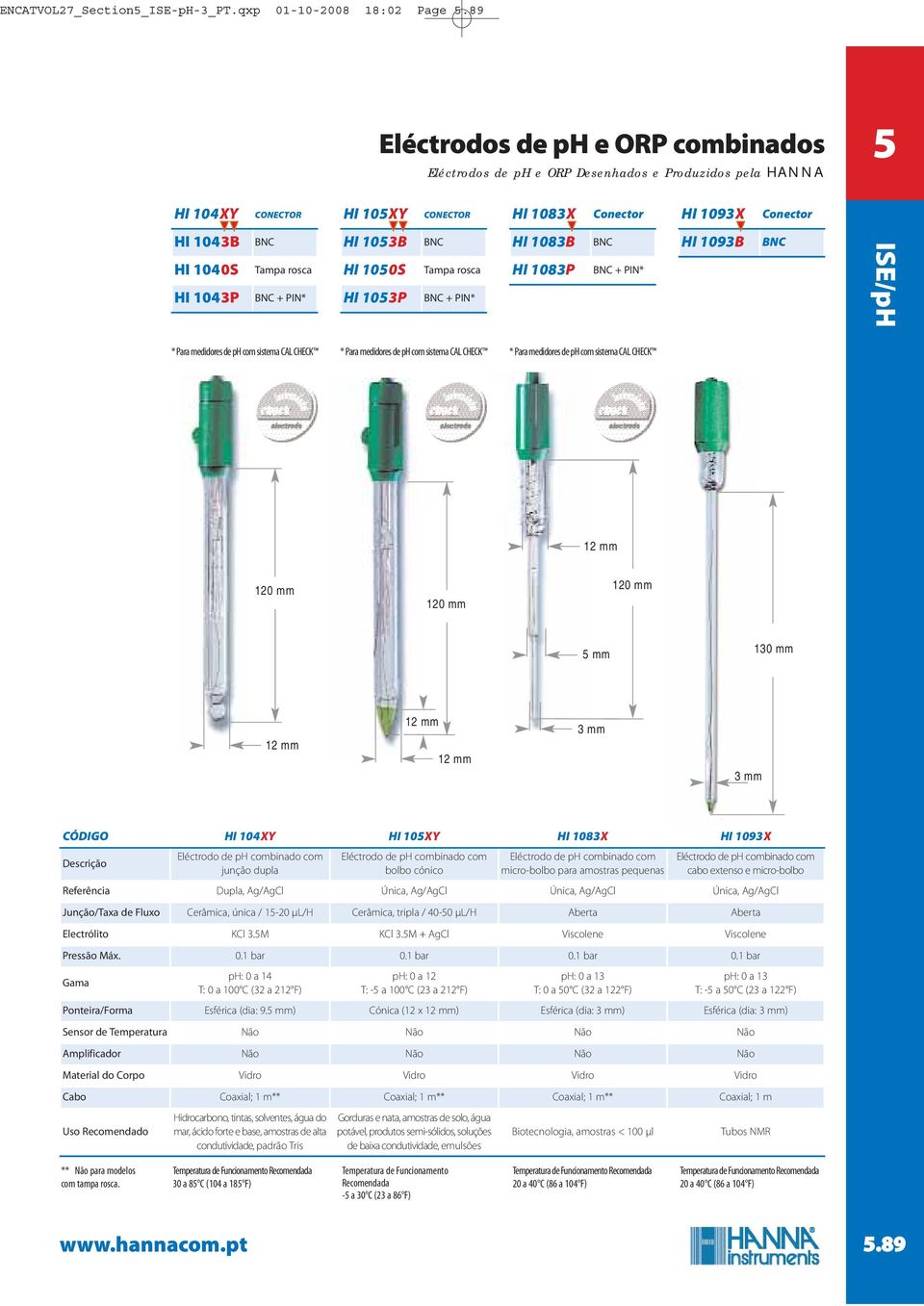 103B HI 100S HI 103P Tampa rosca + PIN* HI 1083B HI 1083P + PIN* HI 1093B * Para medidores de ph com sistema CAL CHECK * Para medidores de ph com sistema CAL CHECK * Para medidores de ph com sistema