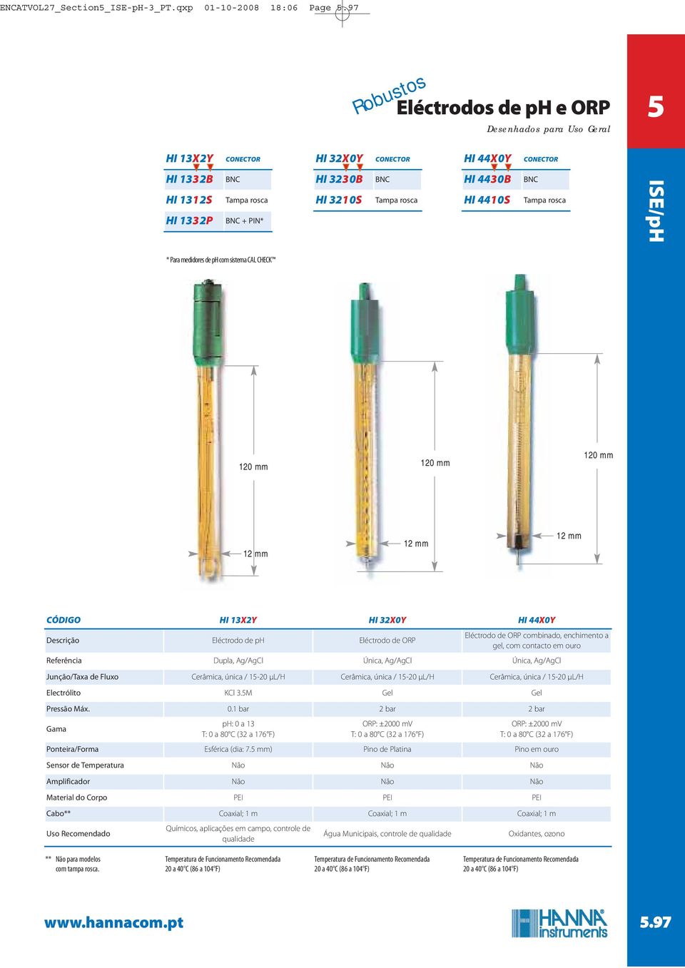 Para medidores de ph com sistema CAL CHECK CÓDIGO HI 13X2Y HI 32X0Y HI 44X0Y Descrição Eléctrodo de ph Eléctrodo de ORP Eléctrodo de ORP combinado, enchimento a gel, com contacto em ouro Referência