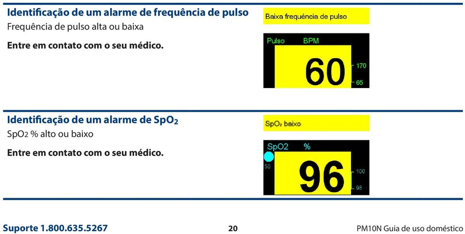 Identificação de um alarme de SpO 2 SpO2 % alto ou baixo Entre em