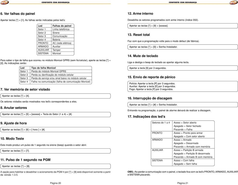 Anular setores Led Setor Setor 2 Setor 3 Setor 4 PRONTO ARMADO AUXILIAR SISTEMA Falhas do painel Linha telefônica Sirene Comunicação Bateria AC (rede elétrica) Auxiliar Tamper Monicel Tipo de falha