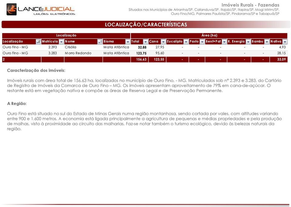Ouro Fino, - MG. Matriculados sob n 2.393 e 3.283, do Cartório de Registro de Imóveis da Comarca de Ouro Fino MG. Os imóveis apresentam aproveitamento de 79% em cana-de-açúcar.