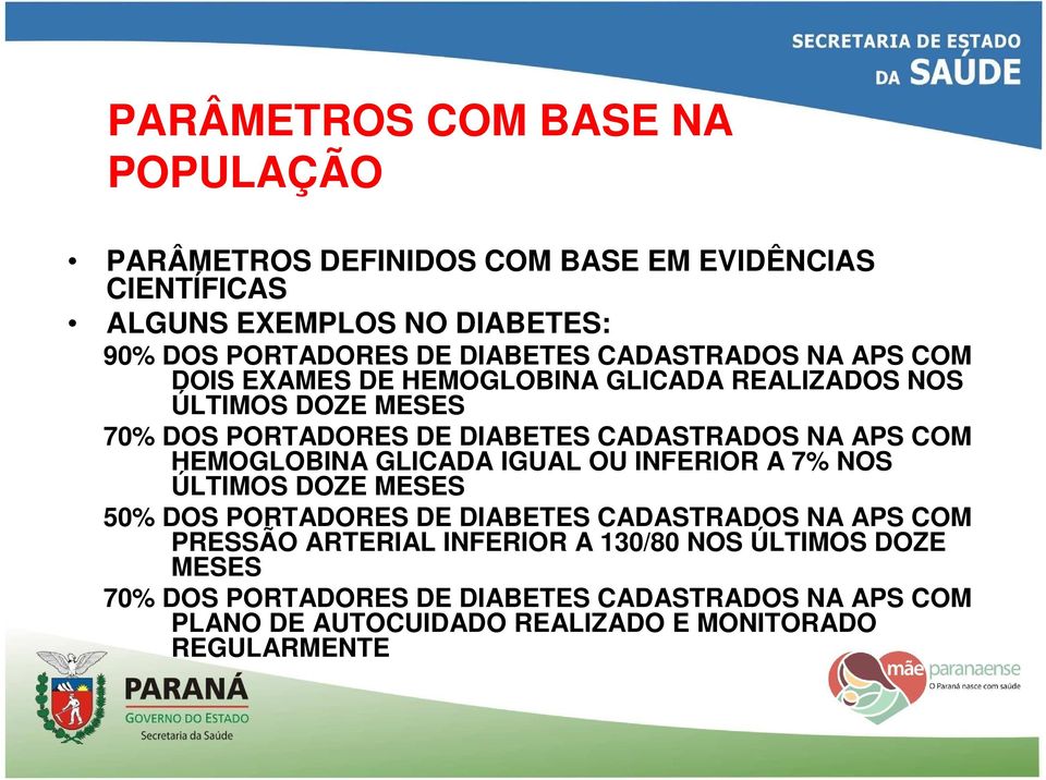 NA APS COM HEMOGLOBINA GLICADA IGUAL OU INFERIOR A 7% NOS ÚLTIMOS DOZE MESES 50% DOS PORTADORES DE DIABETES CADASTRADOS NA APS COM PRESSÃO