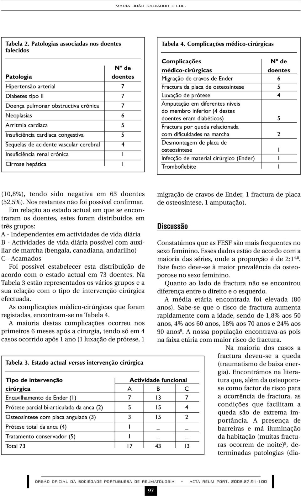 cardíaca congestiva 5 Sequelas de acidente vascular cerebral 4 Insuficiência renal crónica 1 Cirrose hepática 1 Tabela 4.