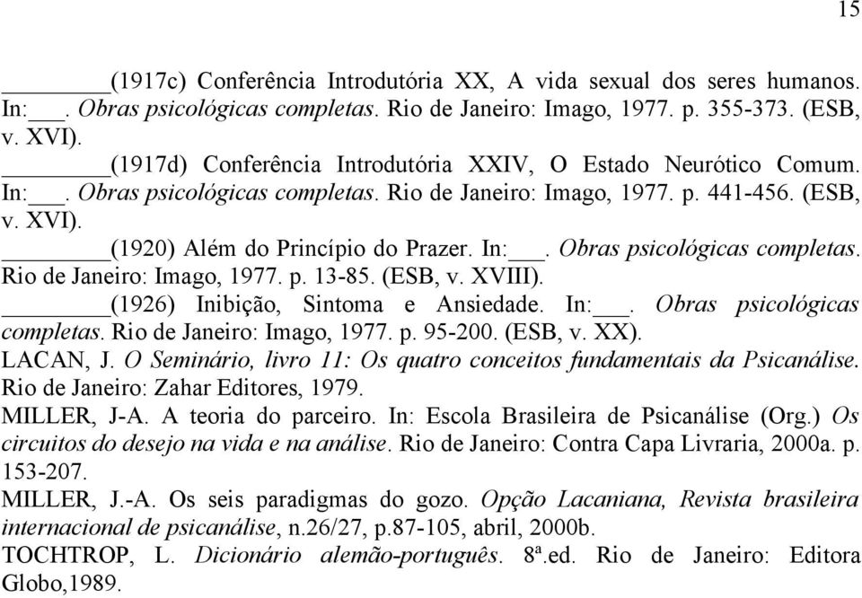 (ESB, v. XVIII). (1926) Inibição, Sintoma e Ansiedade. In:. Obras psicológicas completas. Rio de Janeiro: Imago, 1977. p. 95-200. (ESB, v. XX). LACAN, J.