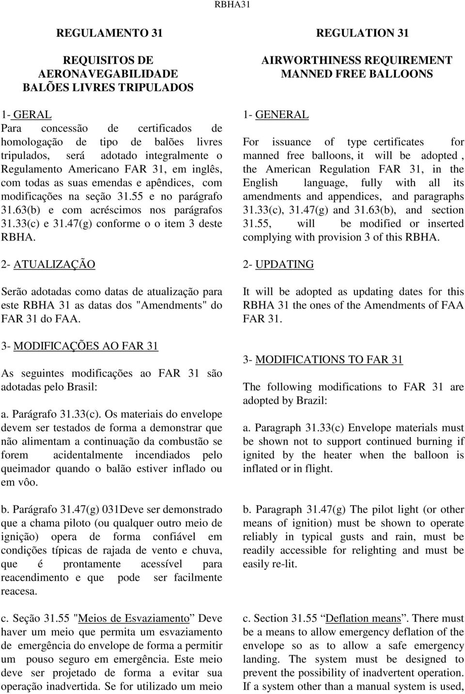 47(g) conforme o o item 3 deste RBHA. 2- ATUALIZAÇÃO Serão adotadas como datas de atualização para este RBHA 31 as datas dos "Amendments" do FAR 31 do FAA.