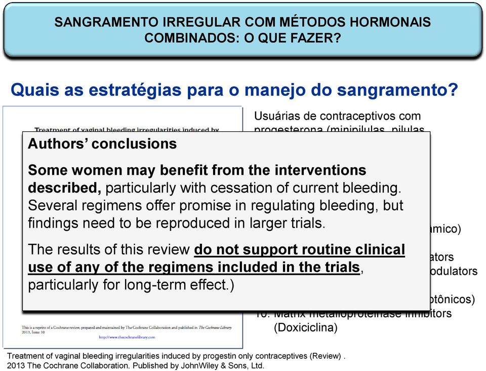 Antifibrinoliticos (ácido tranexâmico) 7. Antiprogestinas (mifepristone) /progesterone receptor modulators 8. Selective estrogen receptor modulators (Tamoxifen) 9.