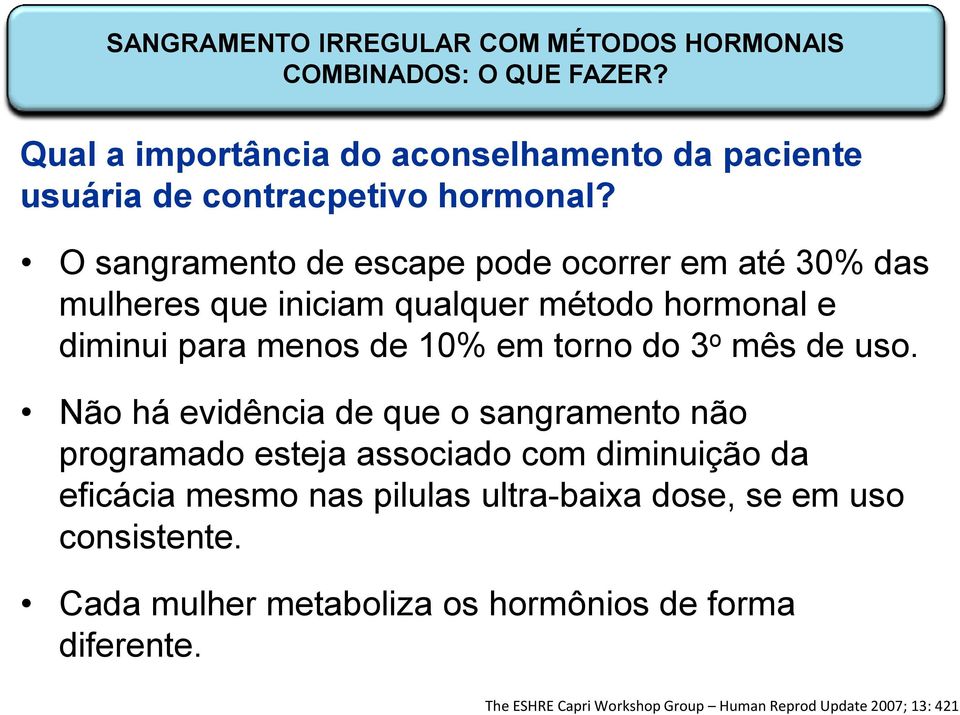 O sangramento de escape pode ocorrer em até 30% das mulheres que iniciam qualquer método hormonal e diminui para menos de 10% em torno do 3 o mês