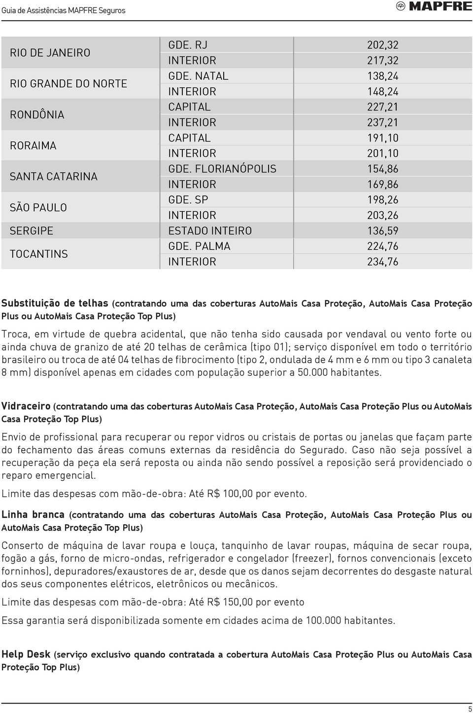 PALMA 224,76 INTERIOR 234,76 Substituição de telhas (contratando uma das coberturas AutoMais Casa Proteção, AutoMais Casa Proteção Plus ou AutoMais Casa Proteção Top Plus) Troca, em virtude de quebra