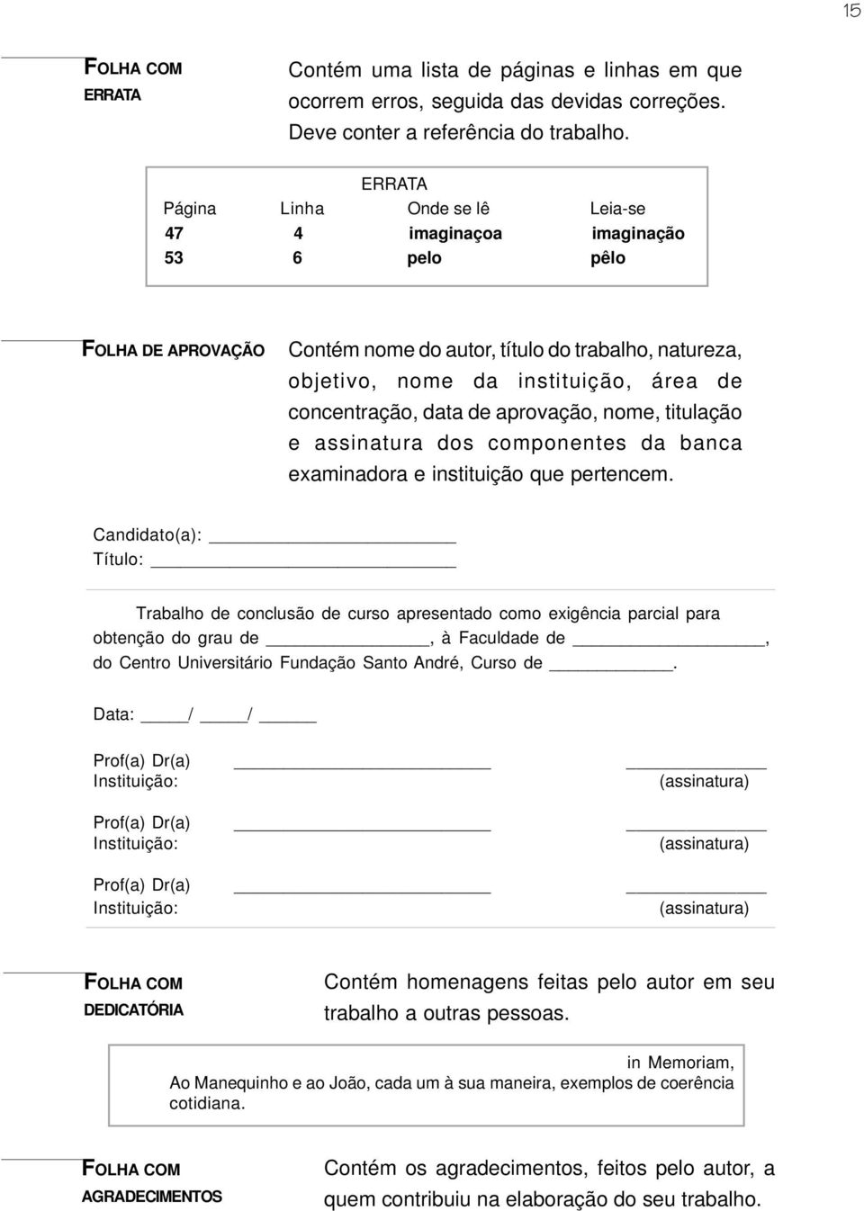 concentração, data de aprovação, nome, titulação e assinatura dos componentes da banca examinadora e instituição que pertencem.