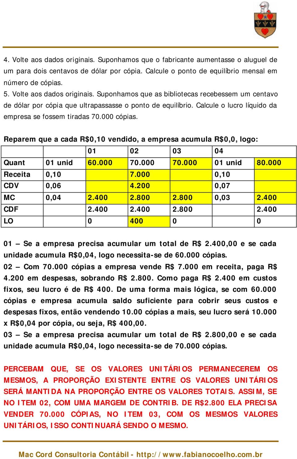 000 cópias. Reparem que a cada R$0,10 vendido, a empresa acumula R$0,0, logo: 01 02 03 04 Quant 01 unid 60.000 70.000 70.000 01 unid 80.000 Receita 0,10 7.000 0,10 CDV 0,06 4.200 0,07 MC 0,04 2.400 2.