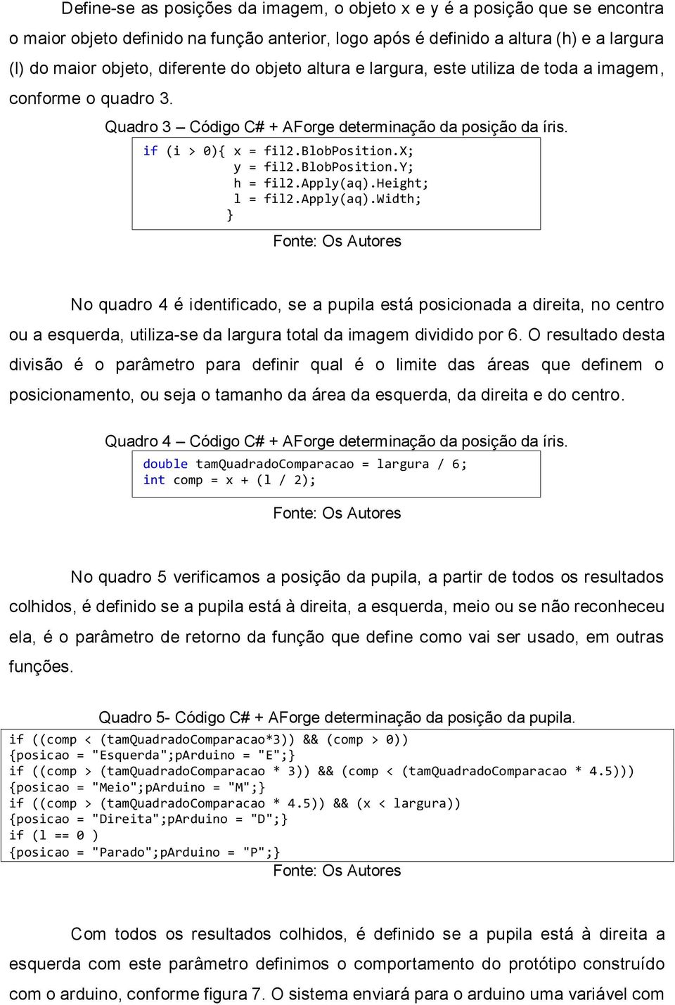 apply(aq).height; l = fil2.apply(aq).width; } No quadro 4 é identificado, se a pupila está posicionada a direita, no centro ou a esquerda, utiliza-se da largura total da imagem dividido por 6.