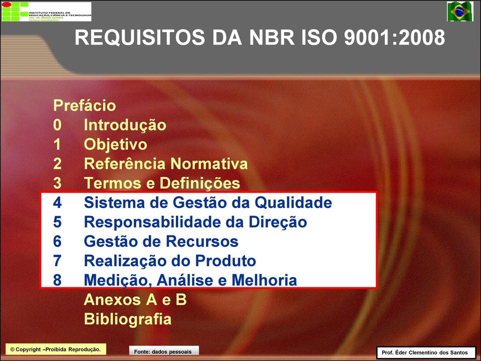 Qualidade 5 Responsabilidade da Direção 6 Gestão de Recursos 7