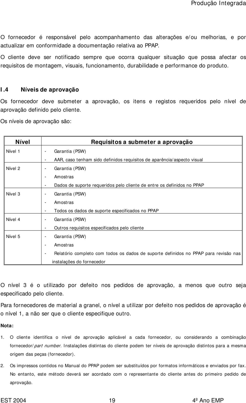 4 Níveis de aprovação Os fornecedor deve submeter a aprovação, os itens e registos requeridos pelo nível de aprovação definido pelo cliente.