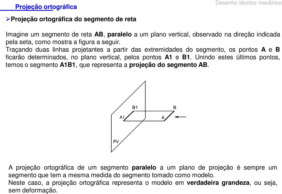Unindo estes últimos pontos, temos o segmento A1B1, que representa a projeção do segmento AB.