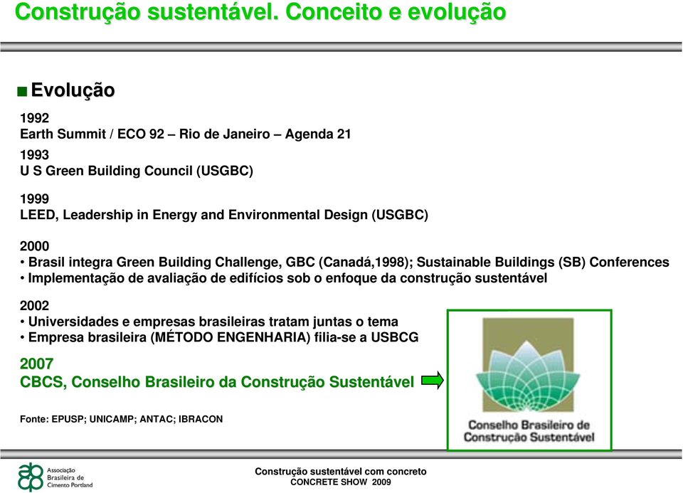 Energy and Environmental Design (USGBC) 2000 Brasil integra Green Building Challenge, GBC (Canadá,1998); Sustainable Buildings (SB) Conferences