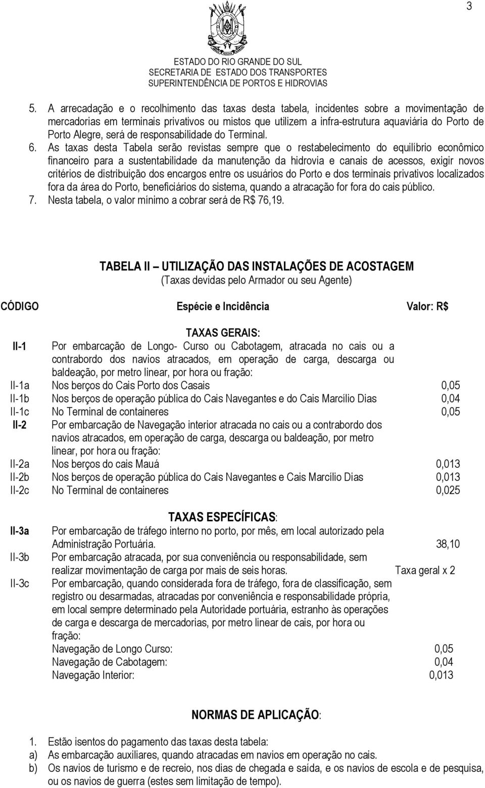 As taxas desta Tabela serão revistas sempre que o restabelecimento do equilíbrio econômico financeiro para a sustentabilidade da manutenção da hidrovia e canais de acessos, exigir novos critérios de