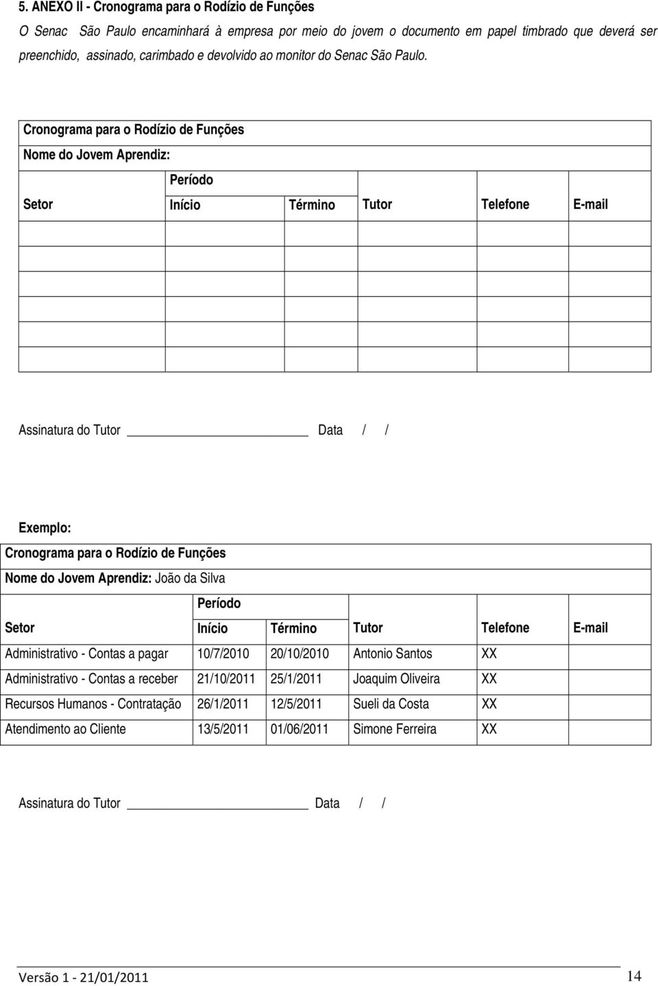 Cronograma para o Rodízio de Funções Nome do Jovem Aprendiz: Período Setor Início Término Tutor Telefone E-mail Assinatura do Tutor Data / / Exemplo: Cronograma para o Rodízio de Funções Nome do